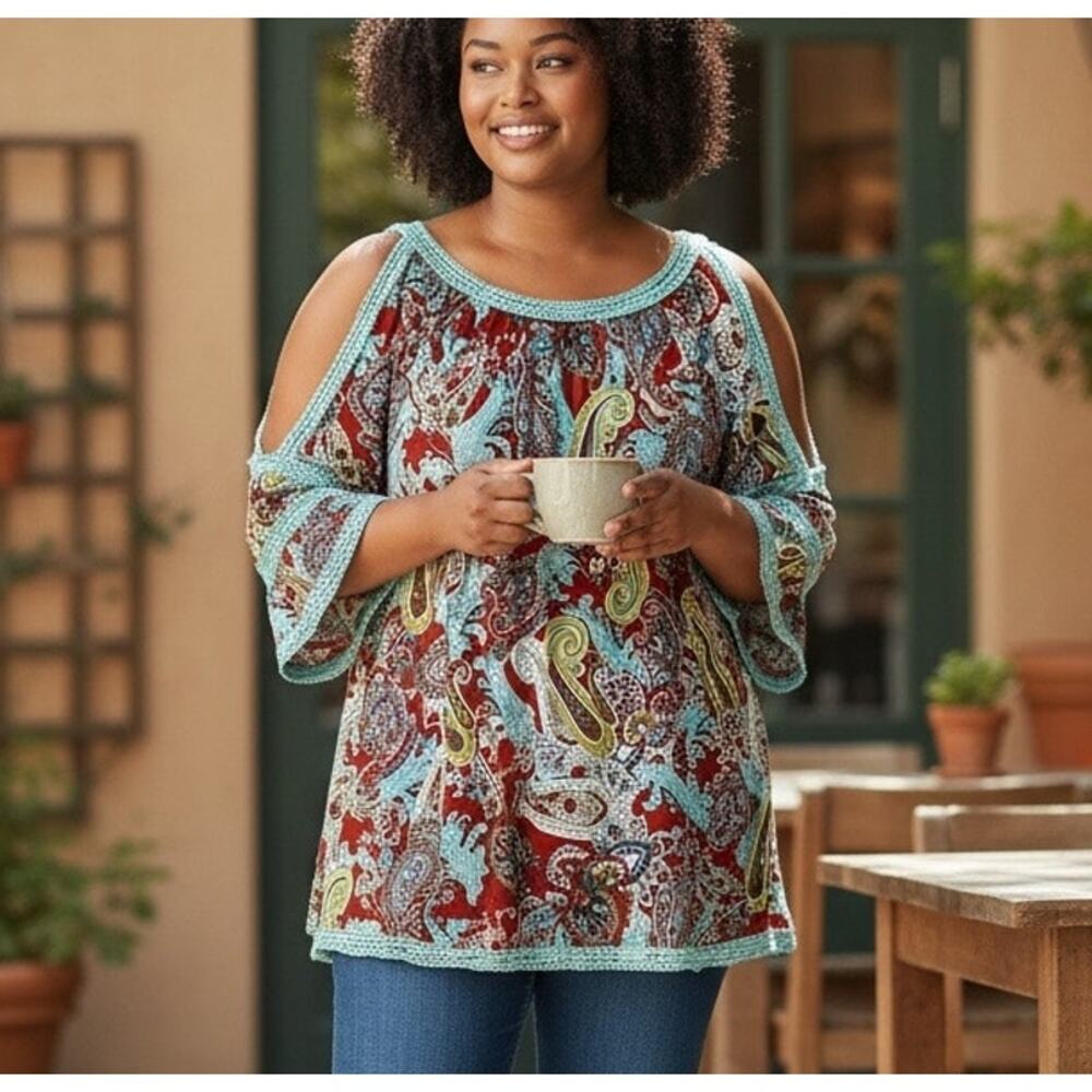 Paisley Vine Top Teal Bell Sleeve Open Shoulder Crochet Art to Wear Boho SZ XL